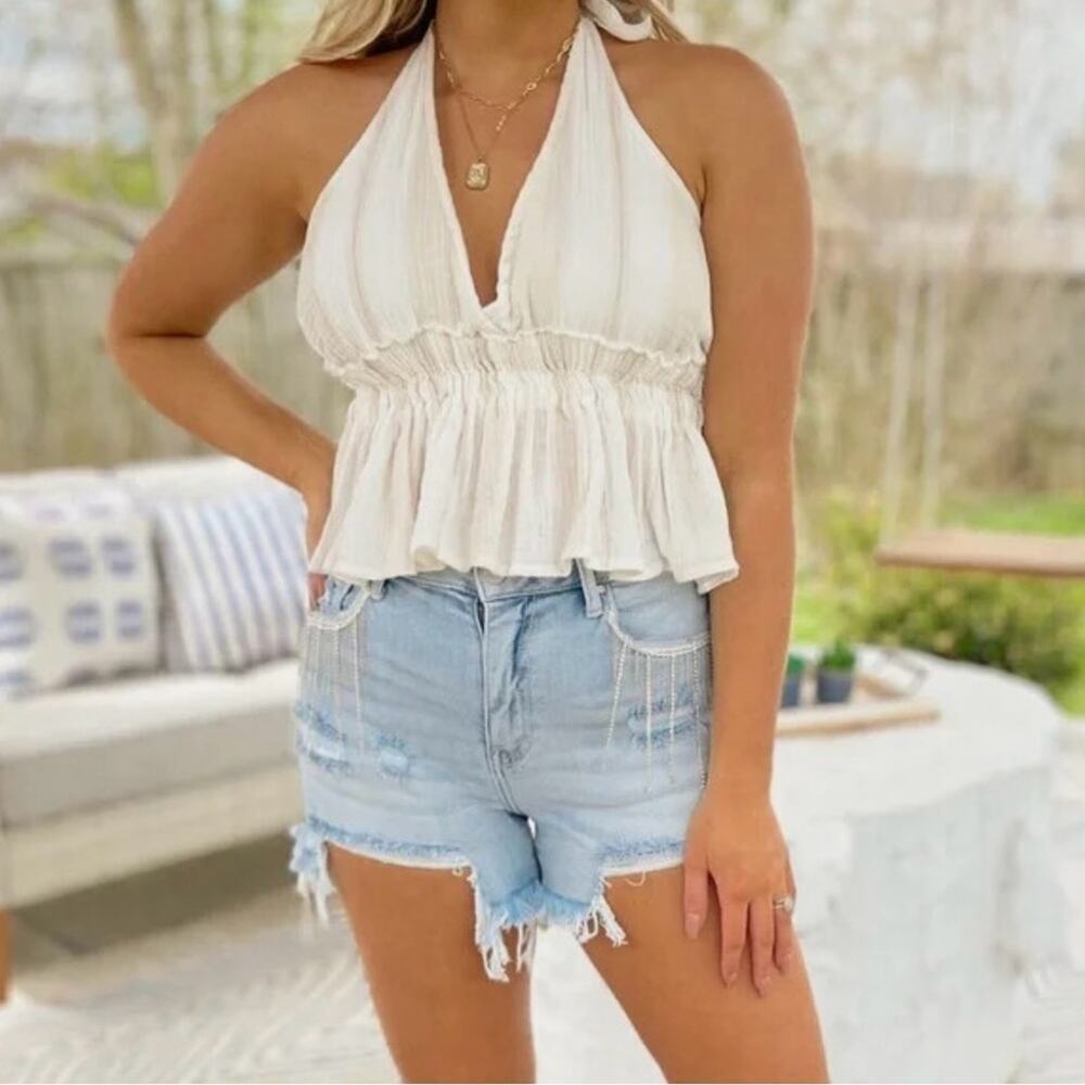 Ocean Drive NWT Striped Cotten Peplum Ruched Ruffle Tie Halter Top Sz M